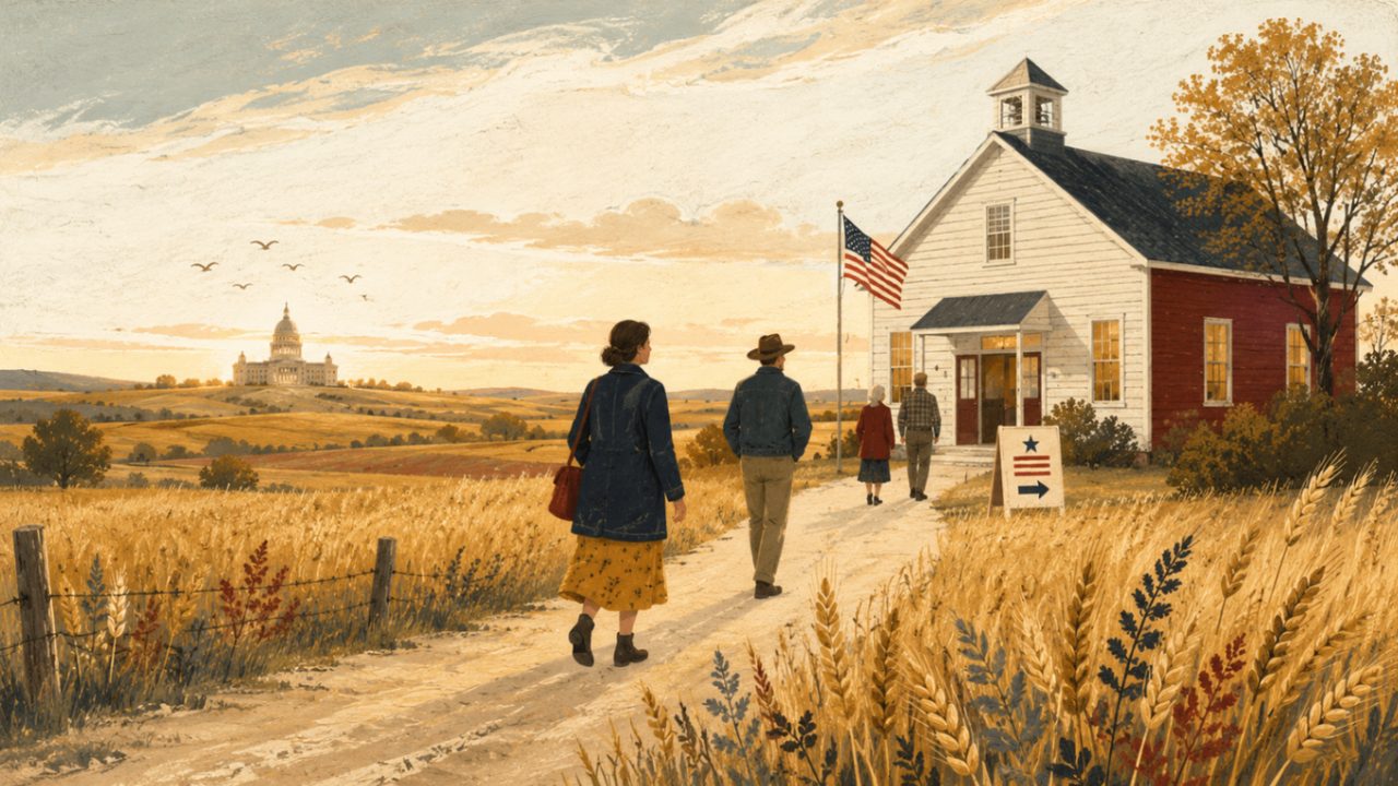 Four Kansas voters in everyday clothes walking down a dirt road toward a small white rural polling place at sunset, an American flag flying beside the schoolhouse.